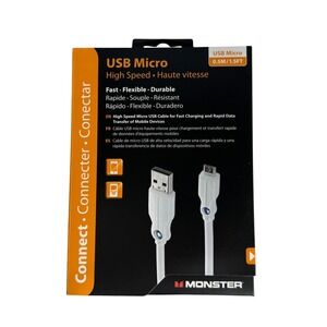 Monster High Speed Micro to USB-A Cable‎ 1.5ft White Fast Charging Data Transfer